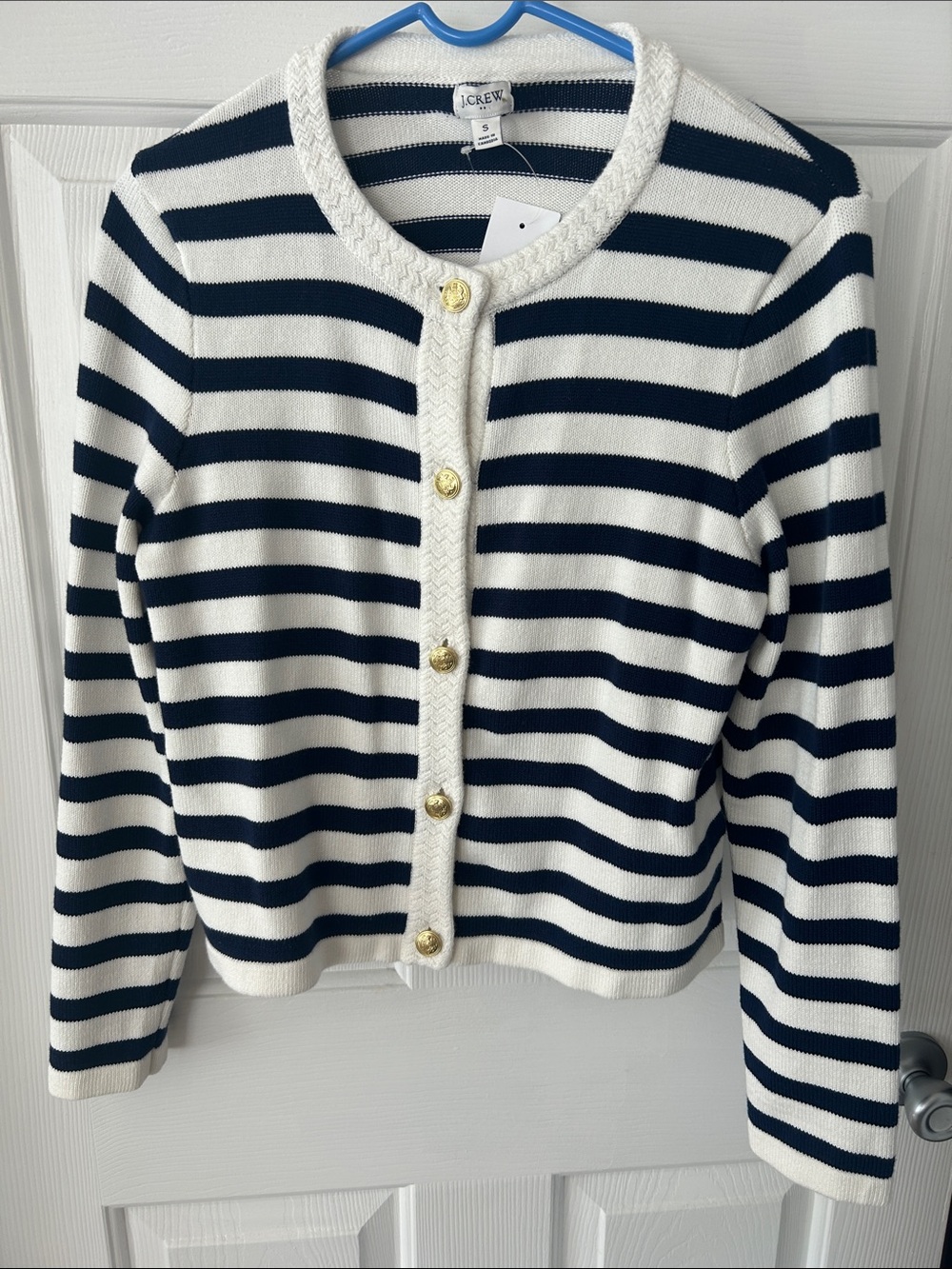 J. Crew Navy and White Striped Crewneck Cardigan with Gold Buttons